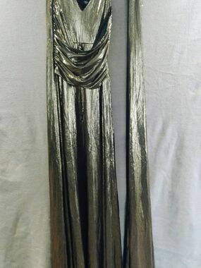 Metallic Olive Green Draped Evening Gown